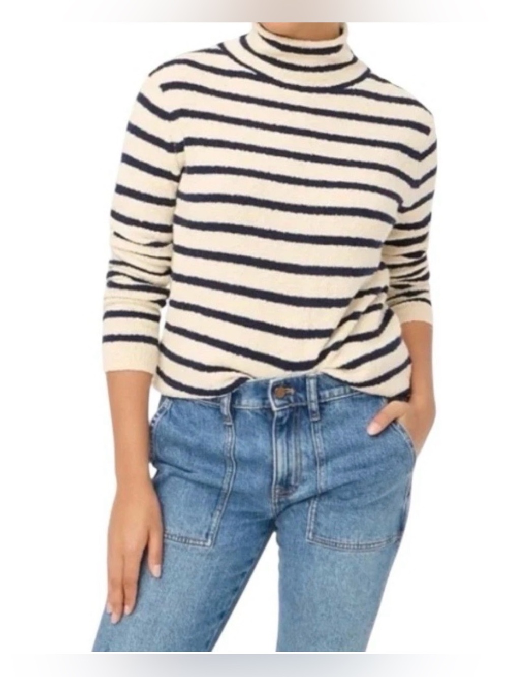 J. Crew Cream and Navy Striped Turtleneck Sweater
